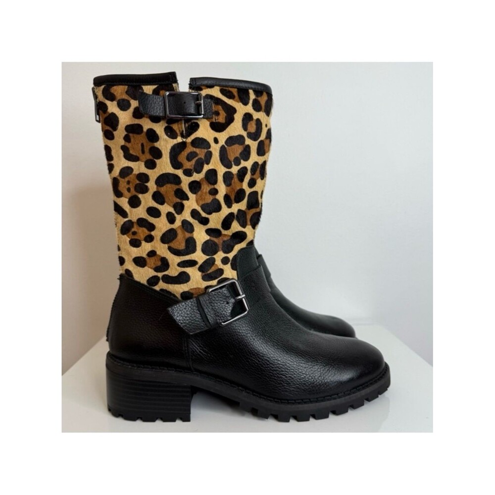 Logo Lori Goldstein Paige Black Leopard Print  Leather Moto Boot Women Size 7.5